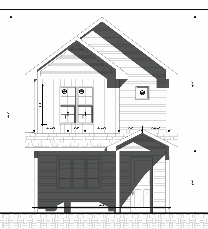 Architectural drawing of a two-story house front elevation with measurements, windows, front porch, and roof details.