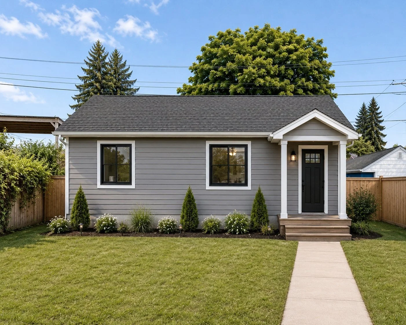 A small, modern, gray house with black-framed windows, a black front door, a porch with steps, a well-kept lawn, and a flower bed with small shrubs and white flowers, all surrounded by a wooden fence under a blue sky.