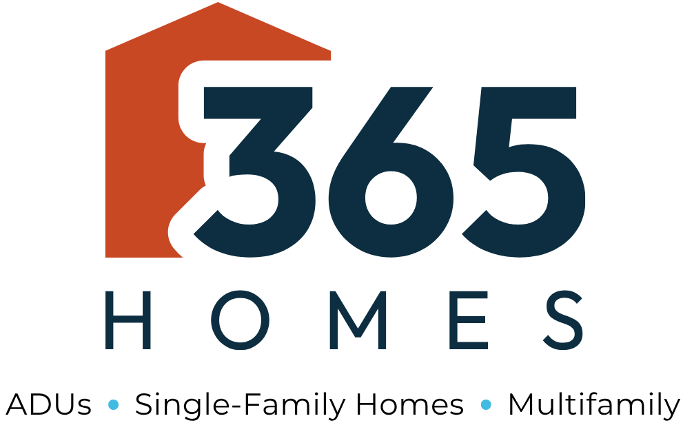 Logo for 365 Homes featuring a stylized house outline in brown and the text '365 HOMES' in navy blue, with the house shape integrated into the number 1.