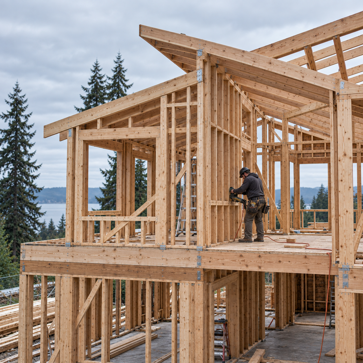 A construction worker is building a wooden frame of a house on a raised platform with trees in the background.