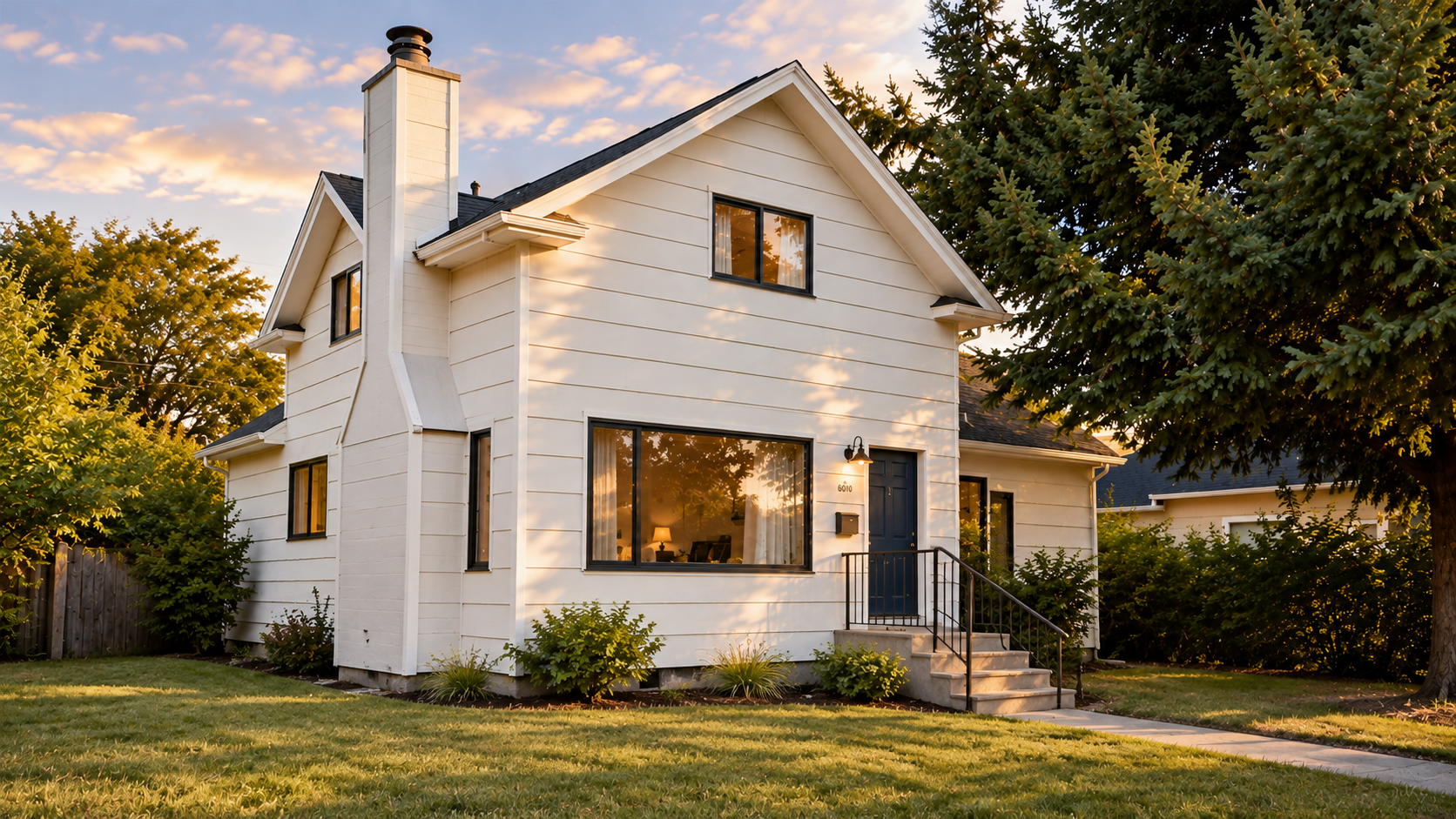 A white two-story house with black window frames and a dark blue front door, surrounded by green trees and a manicured lawn, at sunset.