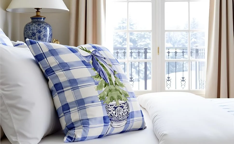 Blue and White Plaid Chinoiserie Pillow Covers 18x18, Blue Grandmillennial Chinoiserie Christmas Decor