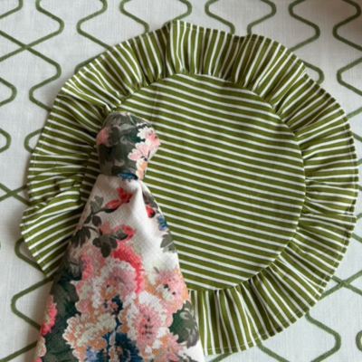 Set of 6 Round Placemats Green Striped Ruffled Circle Placemats 15 Inch Vintage Fabric