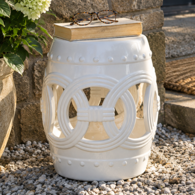JONATHAN Y Lucky Coins 16" Ceramic Garden Stool Side Table, White