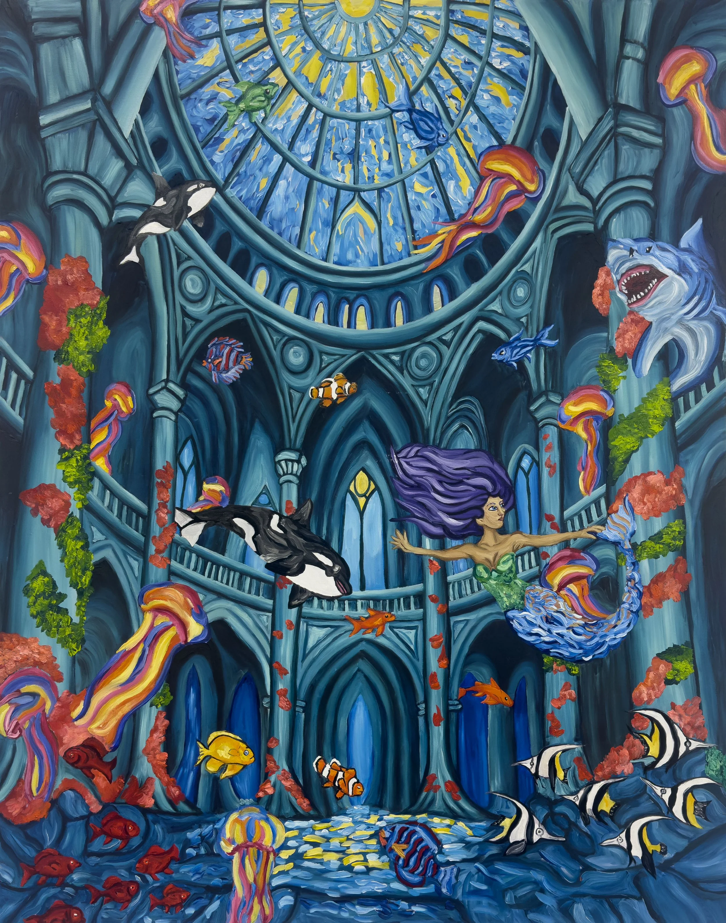A vibrant underwater scene painting featuring a woman with purple hair and a green top, surrounded by colorful fish, coral, and aquatic plants with a stained glass cathedral window background.