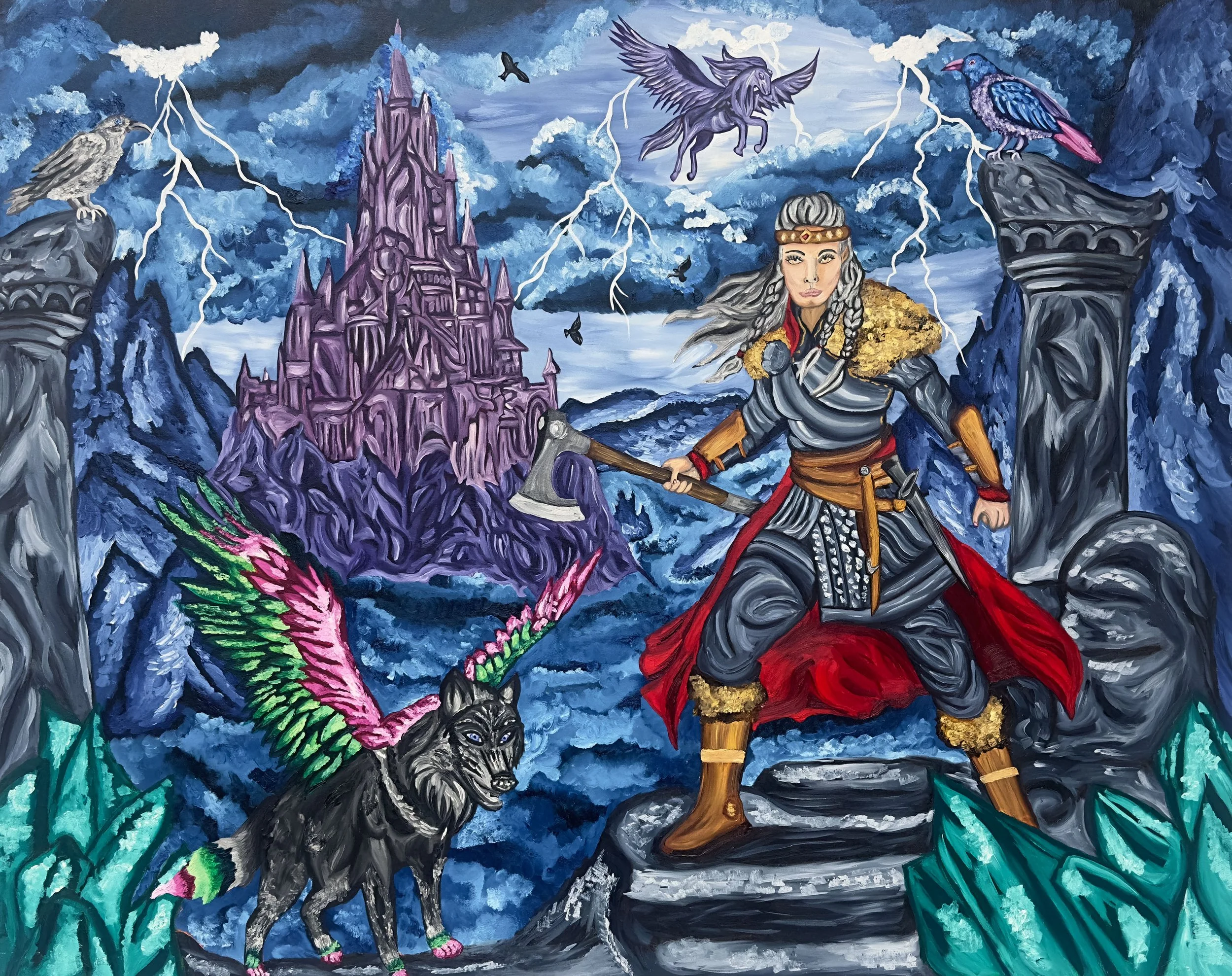 Fantasy painting of a woman with long gray hair wearing armor and a crown, holding an axe, standing on rocky terrain with a black wolf at her side. In the background, there's a tall purple castle, dark stormy skies with lightning, four flying black birds, and three large pillars with two birds perched on one of them. The scene has vibrant colors and a mystical atmosphere.