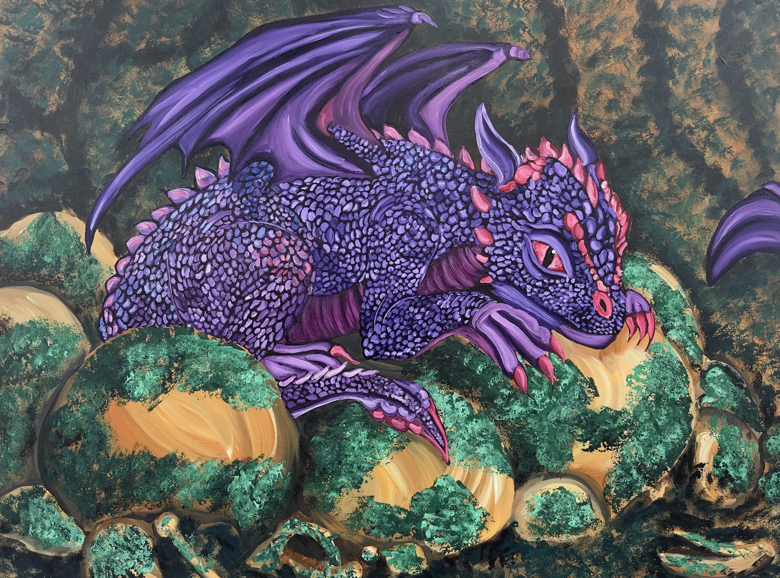 A vibrant painting of a purple dragon with pink accents, perched on a rocky landscape with green bushes and gold-colored ground, against a textured dark background.