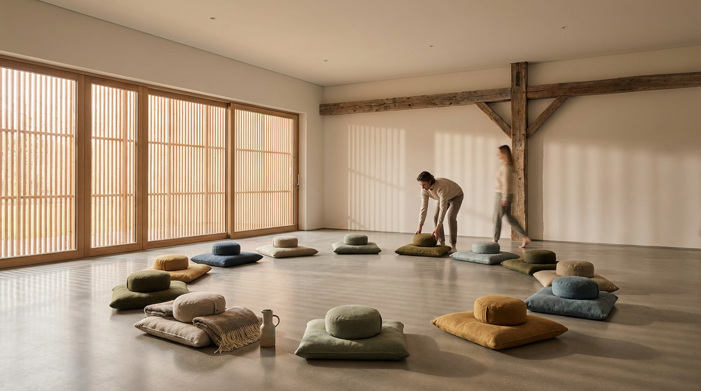 A spacious room with wooden floor-to-ceiling sliding doors on the left, sunlight casting shadows from the doors onto the white wall. Several colored cushions and pillows arranged in a circular pattern on the floor, with a man and a woman practicing yoga or meditation. The man is in the process of adjusting a cushion, while the woman walks past, and there is a striped towel and a water bottle on the floor.