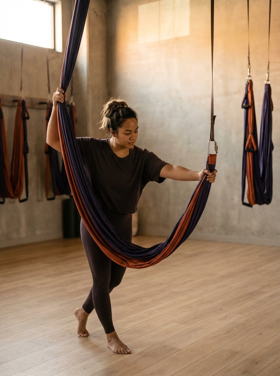 A woman practicing aerial yoga with fabric hammocks in a gym studio.