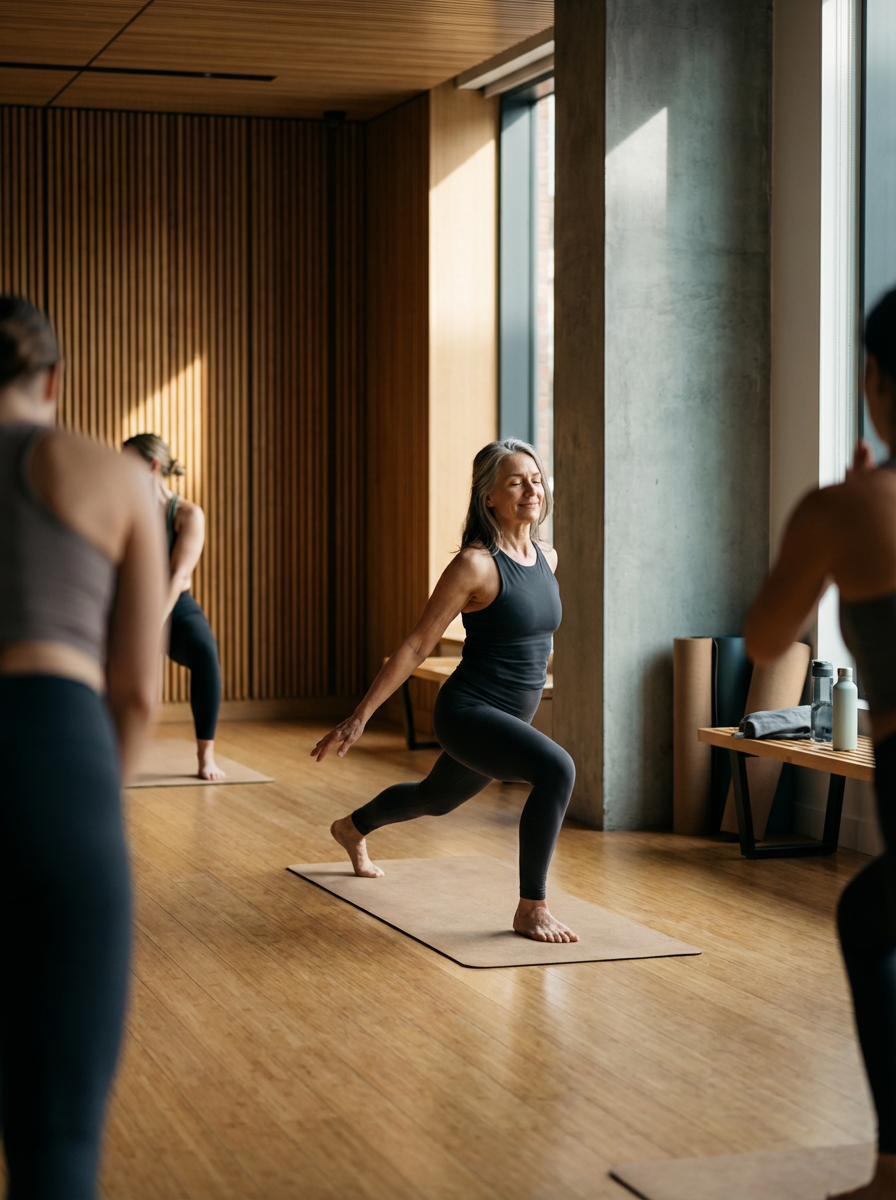 Women participating in a yoga class in a studio with wooden walls and large windows, sunlight streaming in.