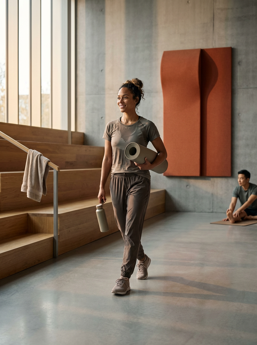 Woman in workout attire walking with yoga mat and water bottle in gym or fitness studio with large windows and wooden stairs.
