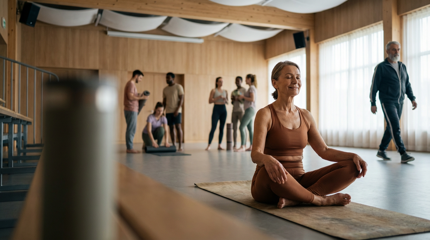 An elderly woman practicing yoga in a wooden-floored studio with large windows, sitting cross-legged on a yoga mat with a peaceful smile.