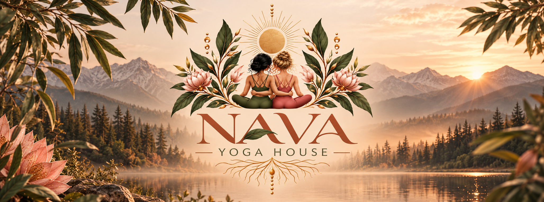 Artwork for Nava Yoga House featuring two women practicing yoga, sitting close together in a serene mountain landscape at sunrise or sunset, surrounded by floral and leaf motifs, with mountains and a lake in the background.