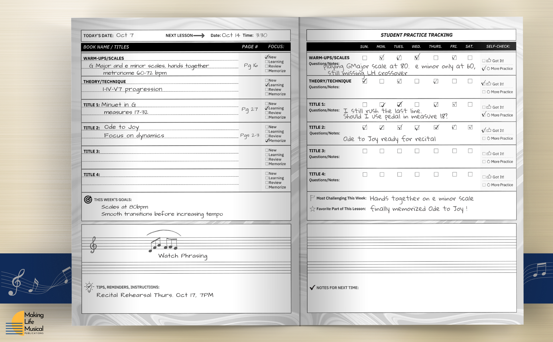 Music Practice and Progress assignment book for music and piano lessons. Teacher and student pages listing music titles, what songs to practice, checkboxes for each day of the week and self-assessment. Space for weekly goals, tips, and reminders.