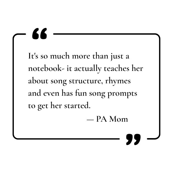 Quote about learning music from PA Mom, surrounded by a simple black border with quotation marks in the top left and bottom right corners.