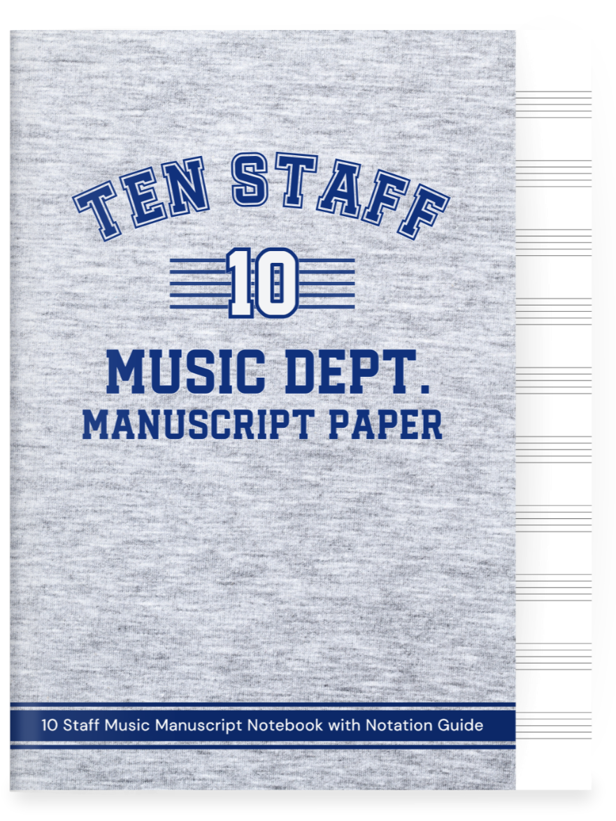 Cover of a music notebook titled 'Ten Staff 10 Music Dept. Manuscript Paper' with a notation guide, featuring a gray textured background and blue text.