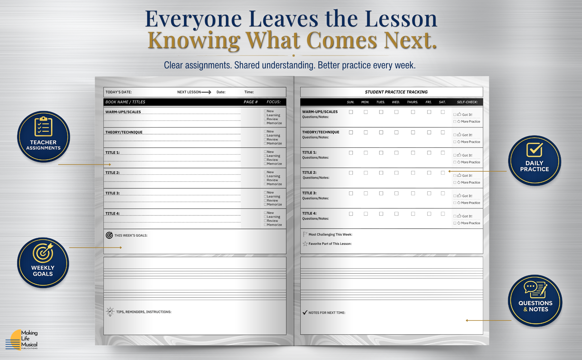 Music lesson assignment notebook to track or log daily practice, teacher and student pages, record daily practice and weekly goals. Music staves for music theory notation. Piano practice lesson notebook, 52 weeks of assignments.