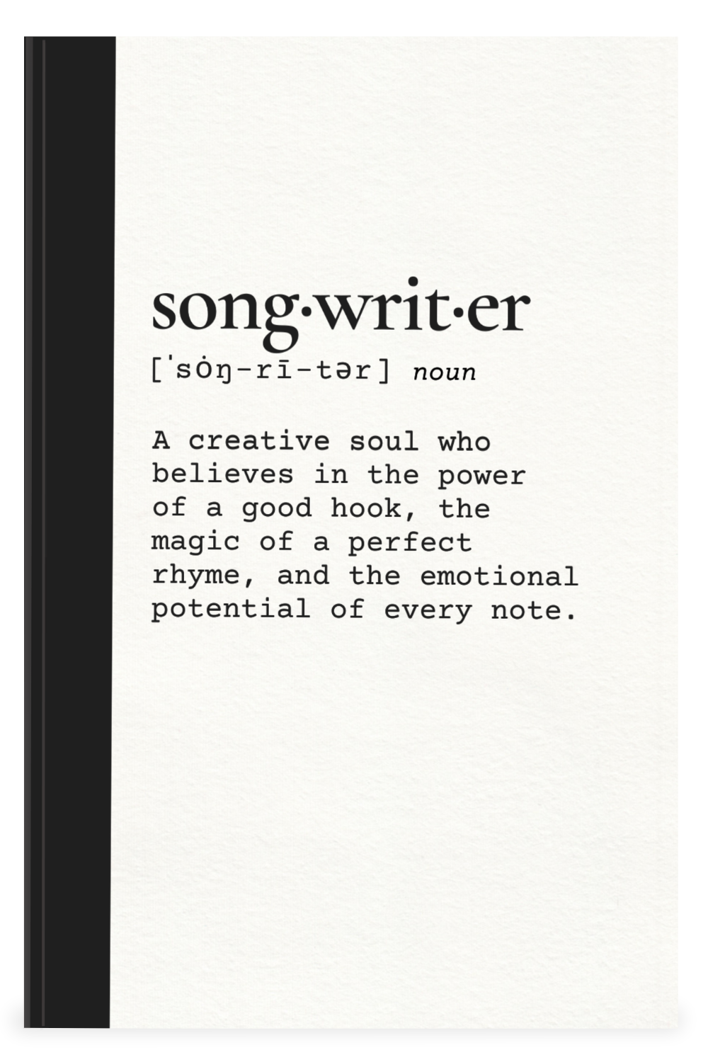 A page describing the word "songwriter," including its phonetic spelling and a definition highlighting the creative and emotional aspects of song composition.