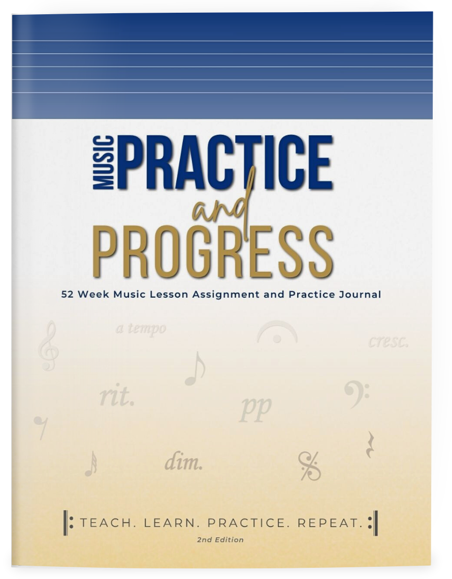 Cover of a music practice book titled "Music Practice and Progress," featuring 52 weekly music lesson assignments and practice journal, with musical notation symbols and instructions like "teach, learn, practice, repeat".