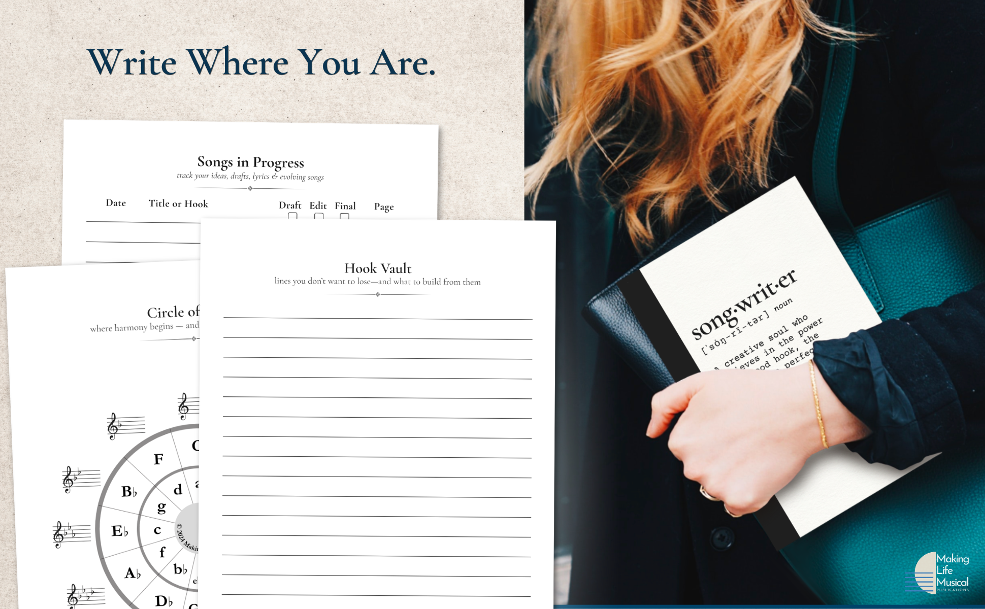A person holding a booklet titled "song:er" with the definition of the word in the foreground, and sheet music and musical note wheel partially visible, with a background of writing paper and a person with blonde hair on the right side.