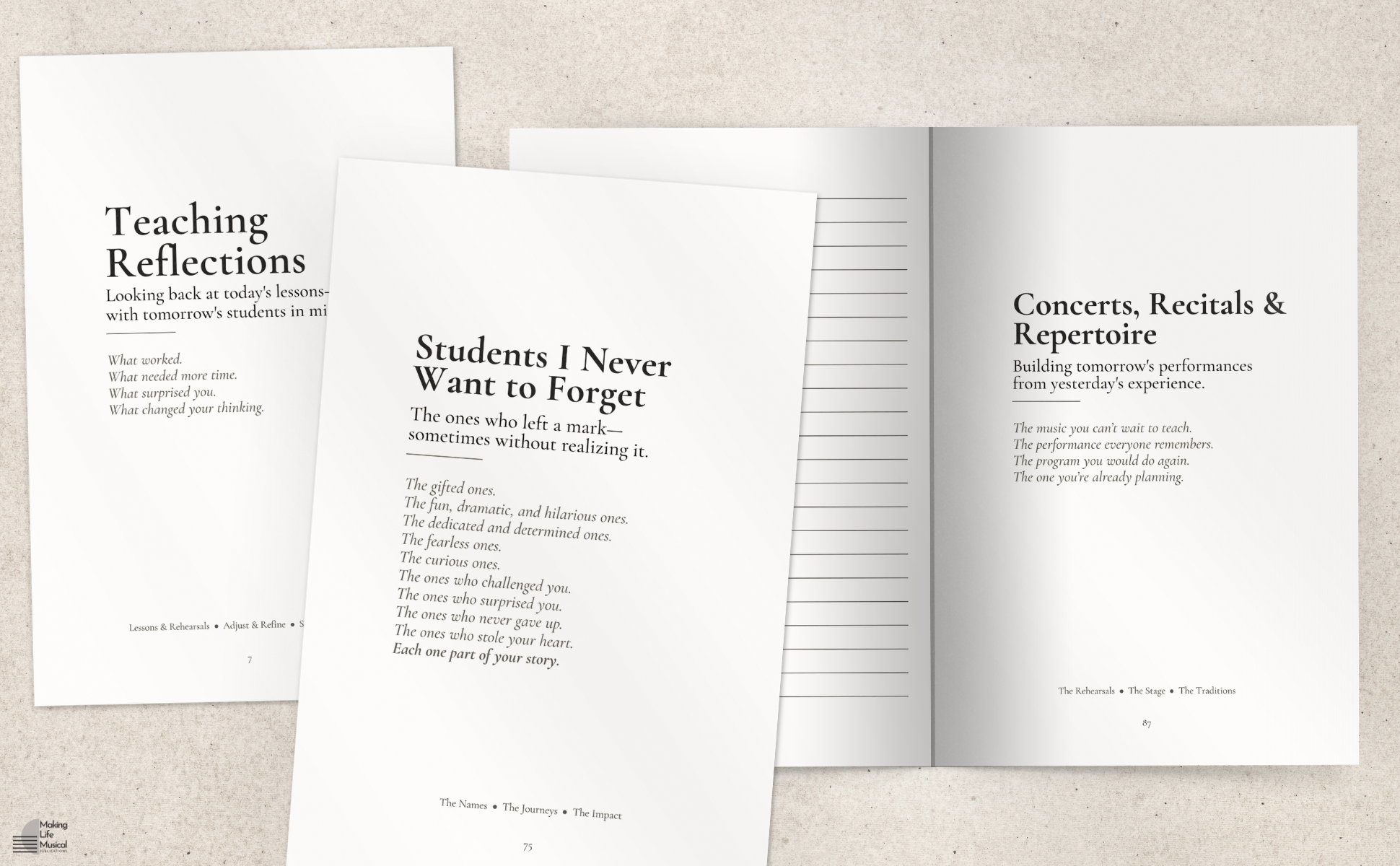 Music Teacher Journal - pages to write notes on concerts, recitals, students, teaching lessons