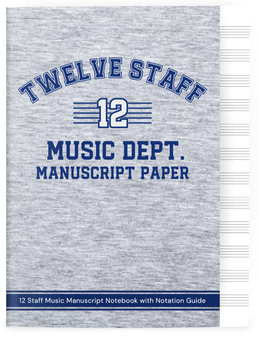 A gray music notebook cover that reads 'Twelve Staff 12 Music Dept. Manuscript Paper' in blue text. It includes a notation guide and a side view of staff lines on the right.