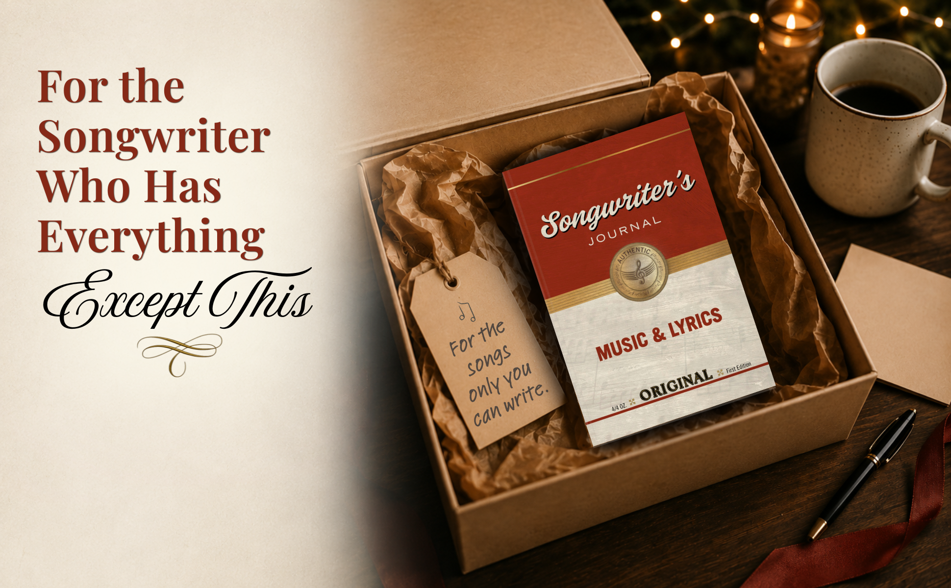 A gift box containing a journal titled 'Songwriter's Journal' with a tag that says 'For the songs only you can write'. The box also has a coffee mug, some candles, and a pen on a wooden surface, with a decorative message on the left side that reads 'For the Songwriter Who Has Everything Except This'.