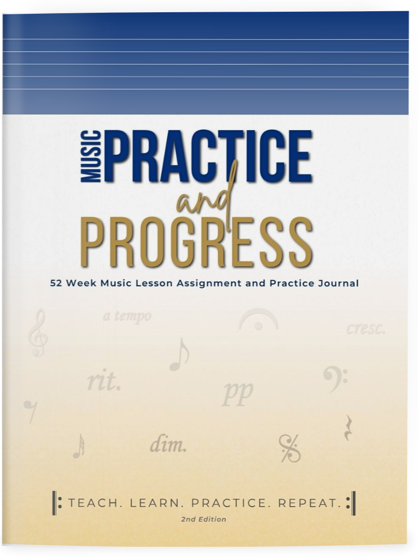 A book titled "Music Practice and Progress" with a subtitle indicating a 52-week music lesson assignment and practice journal. The cover features musical symbols and instructions like 'rit.' and 'pp'.