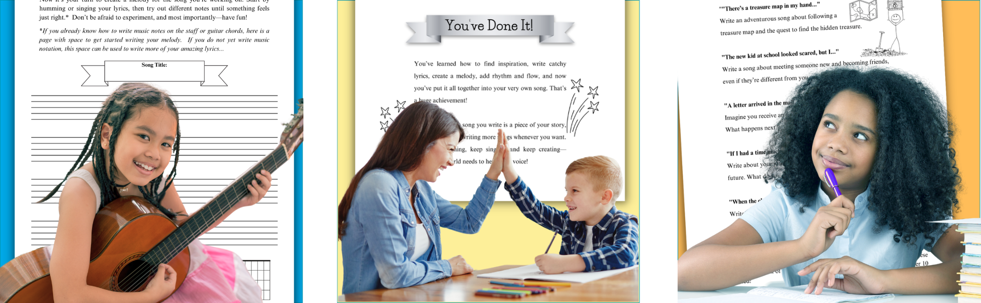 Songwriting for Kids book ages 8-12 features song writing prompts, music staff paper, creative writing skills and practice space