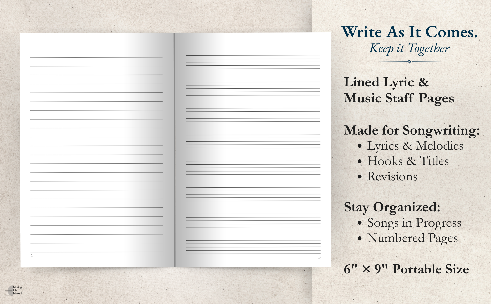 Open notebook with lined pages on a beige background, with promotional text on the right mentioning writing, keeping notes organized, and song lyric pages, size 6x9 inches.