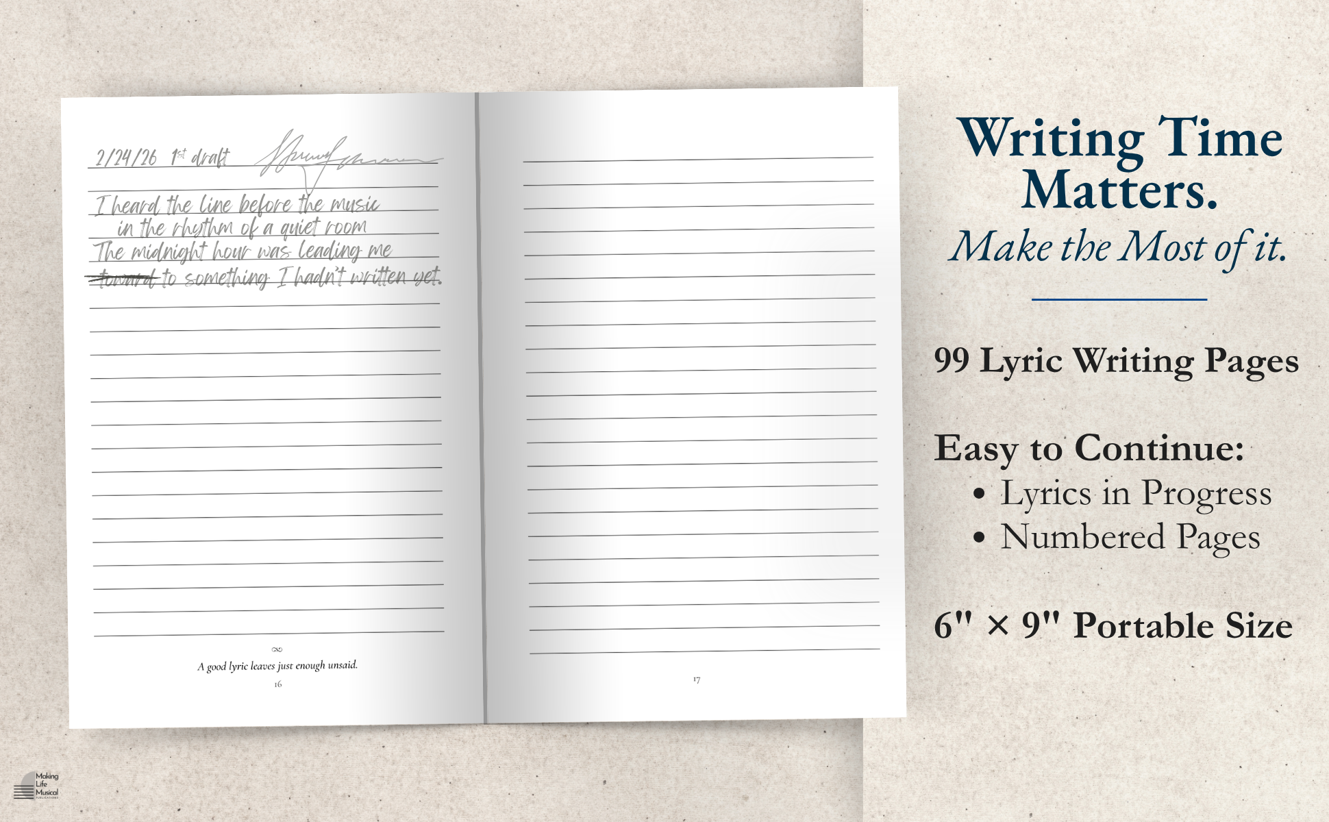 An open lyric notebook with handwritten lyrics on the left page, and an advertisement on the right page for a book titled 'Writing Time Matters' which contains 99 lyric writing pages.