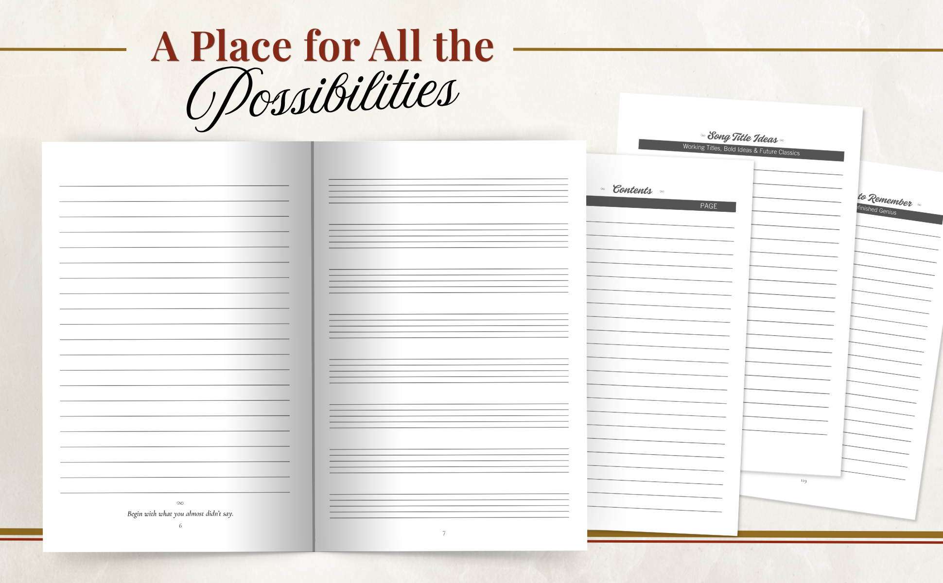 Open book with lined pages and several sheets of paper with handwritten notes and contents, on a cream-colored background, with the heading 'A Place for All the Possibilities'.