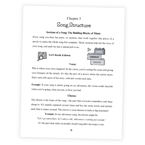 Songwriting for Kids book for ages 8-12 teaches song structure of verse, chorus and bridge