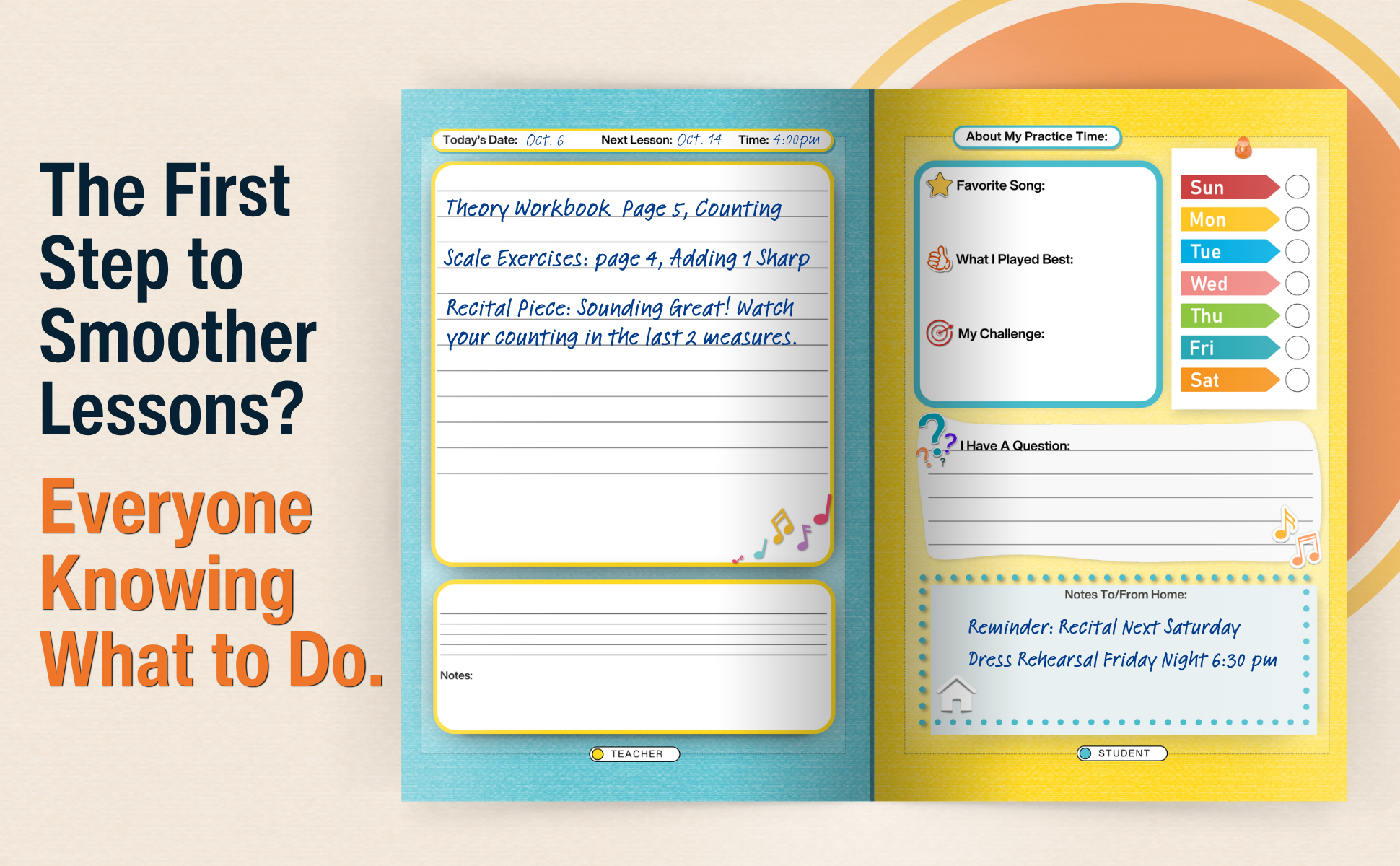 A colorful two-page spread of a music practice planner with sections for daily practice notes, favorite song, personal best, challenge, questions, and reminders, decorated with musical notes and icons, and labeled for teacher and student sections.