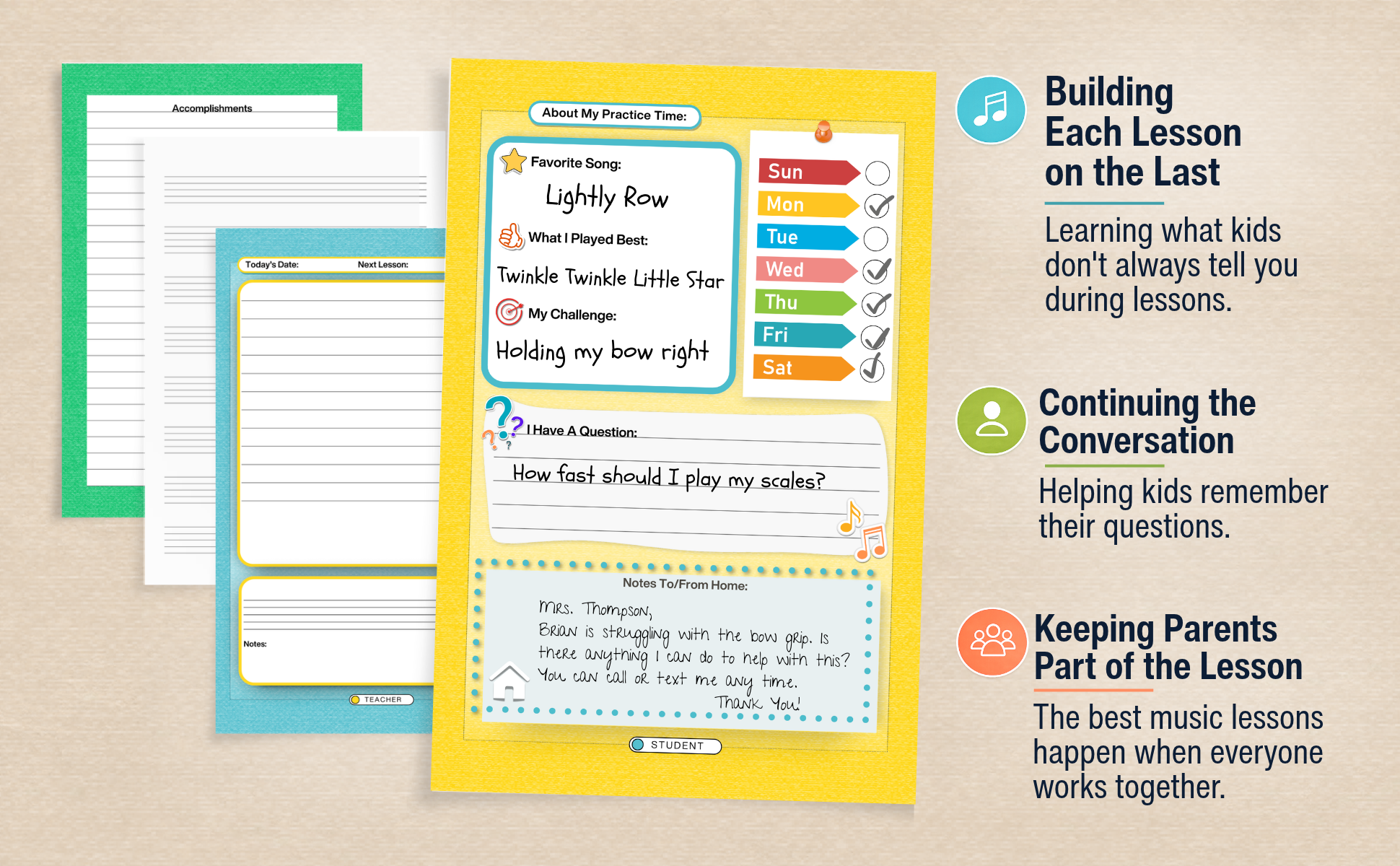 A collection of colorful lesson plans and worksheets for music education, including sections on accomplishments, practice time, conversations, and keeping parents involved, with notes and prompts for teachers and students.