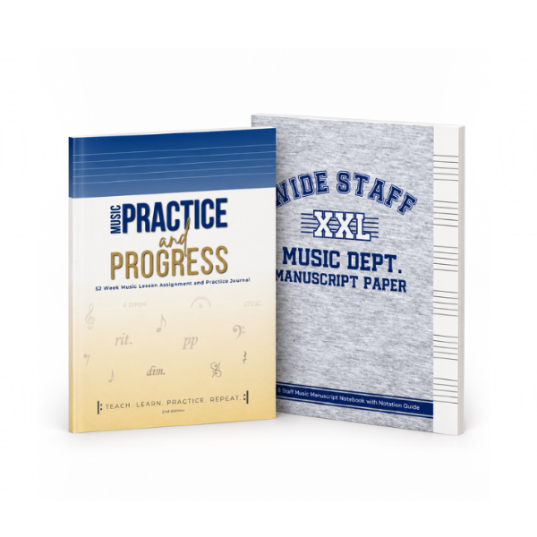 Two music practice books, one titled "Practice and Progress" and the other titled "Seaside Staff XXL Music Dept. Manuscript Paper" with a notepad and notation guide.