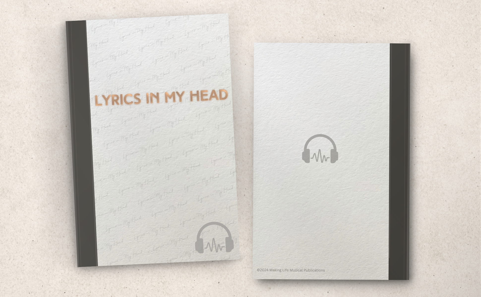 Book titled "Lyrics in My Head" with a cover design featuring faint handwritten lyrics background and a title in bold orange letters, displayed on a white textured surface beside a gray panel with a headphone icon.