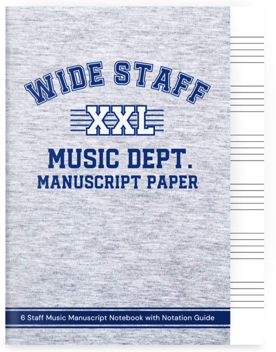 Cover of a music manuscript notebook labeled 'WIDE STAFF XXL MUSIC DEPT. MANUSCRIPT PAPER' with a notepad on the right side.