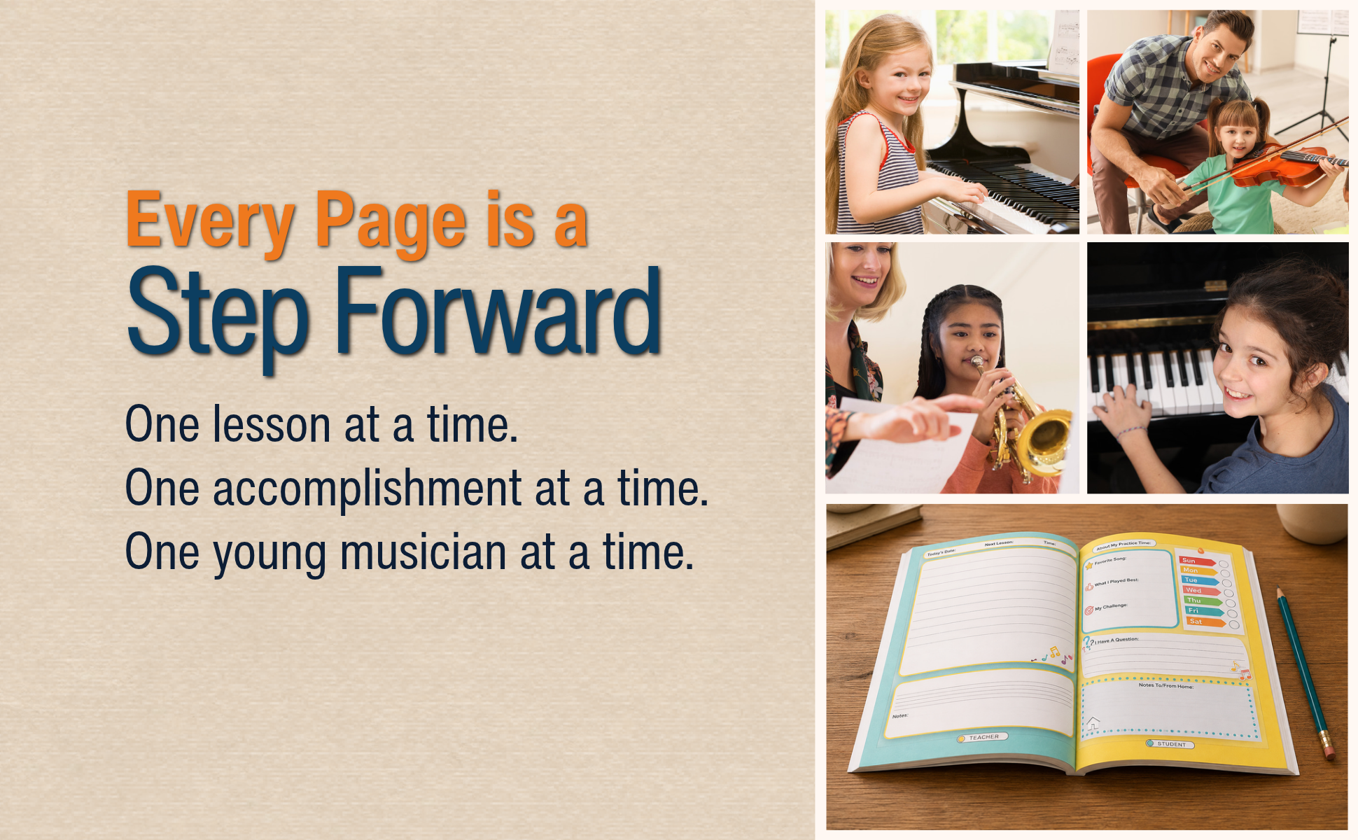 A motivational poster with the text "Every Page is a Step Forward" and images of children and adults playing musical instruments, a music workbook, and a teacher conducting a class.