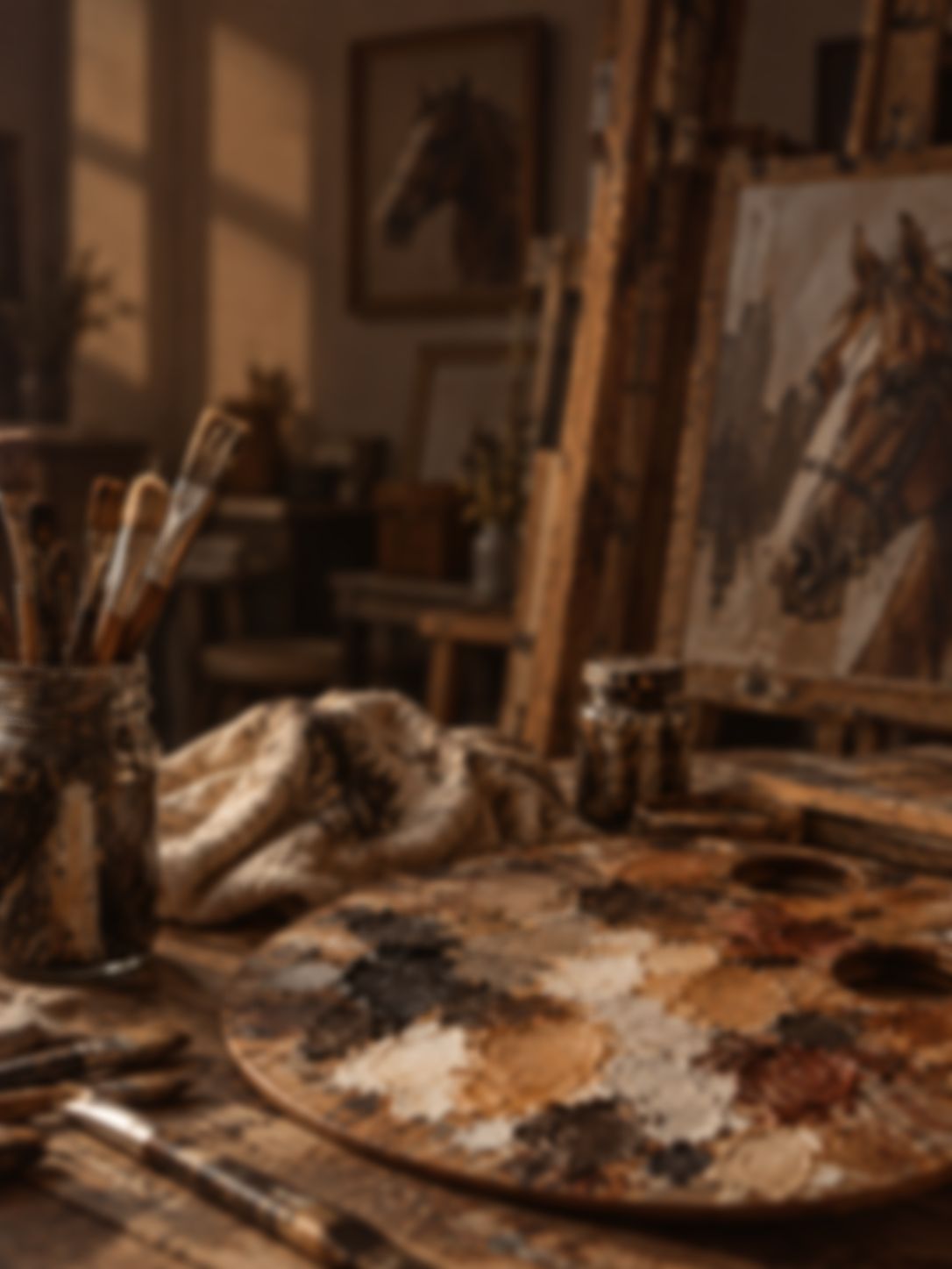 Art studio with paintbrushes in a jar, a palette with mixed paints, and easels with canvases featuring animal art.
