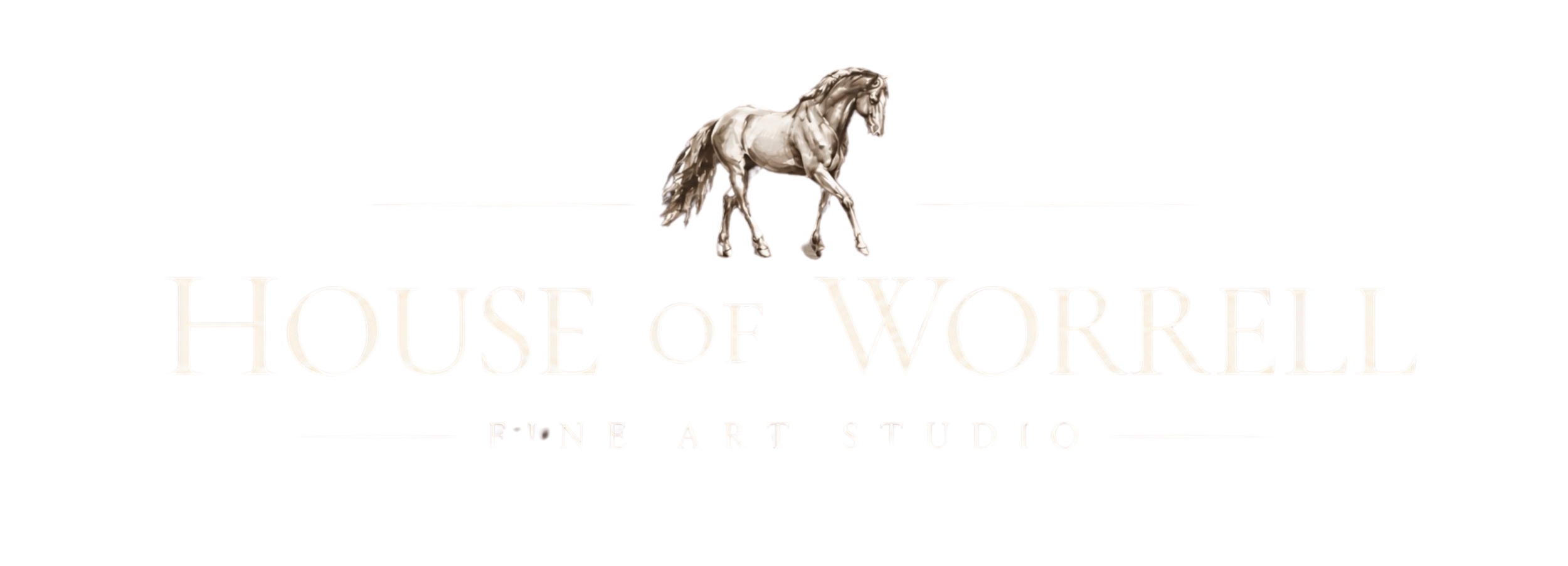 Logo for House of Worrell Fine Art Studio featuring a silver horse above the stylized text.