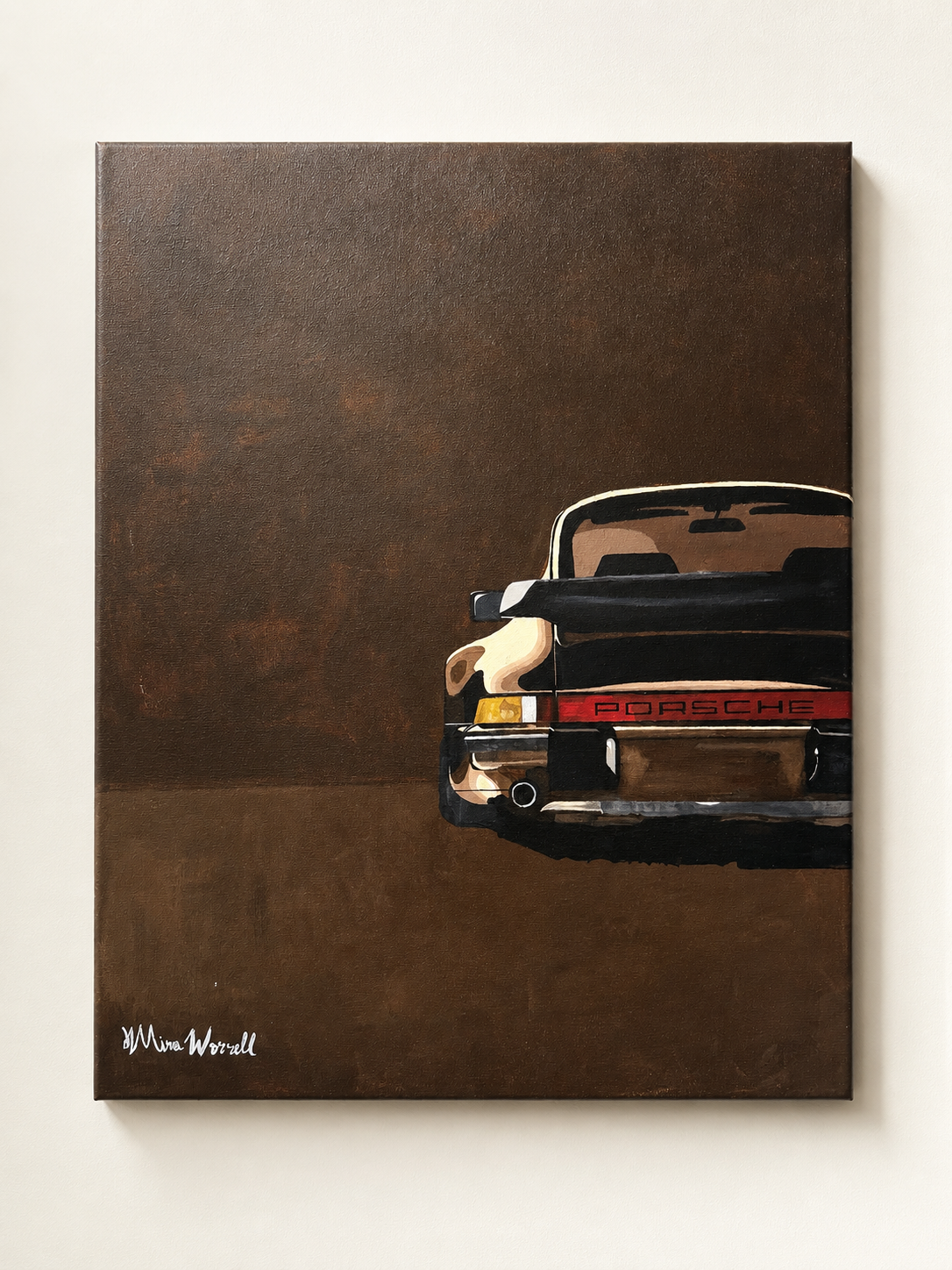 Painting of a vintage Porsche car against a brown background, signed by Mina Worrell.