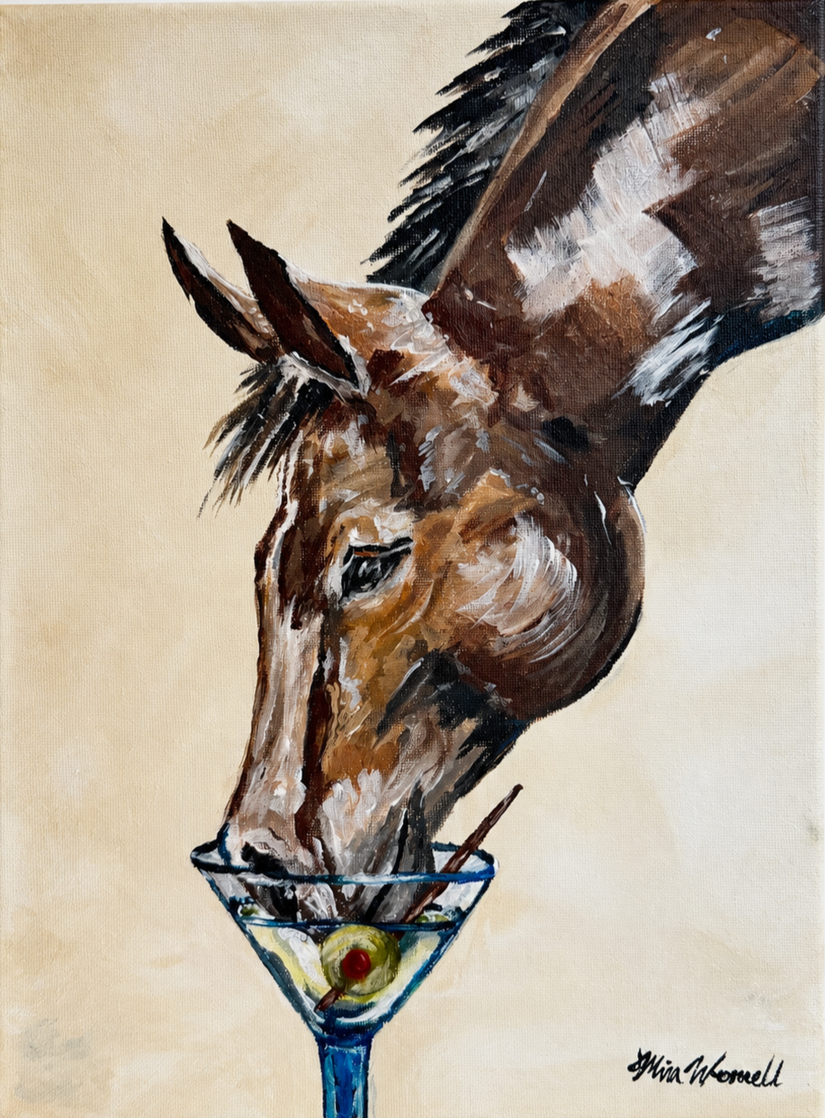 Painting of a horse leaning into a martini glass with a cherry and olive, with a beige background.