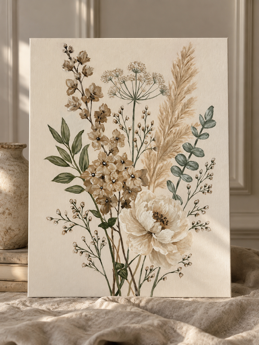 A floral artwork featuring beige and cream-colored flowers and green and beige foliage, placed on a fabric surface.