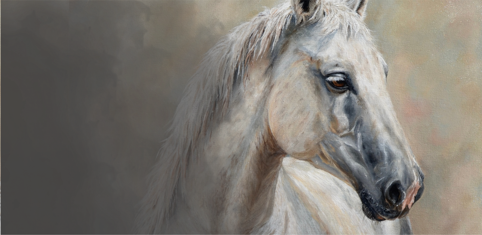 Painting of a white horse with a light mane, shown in profile, with a soft, neutral background.