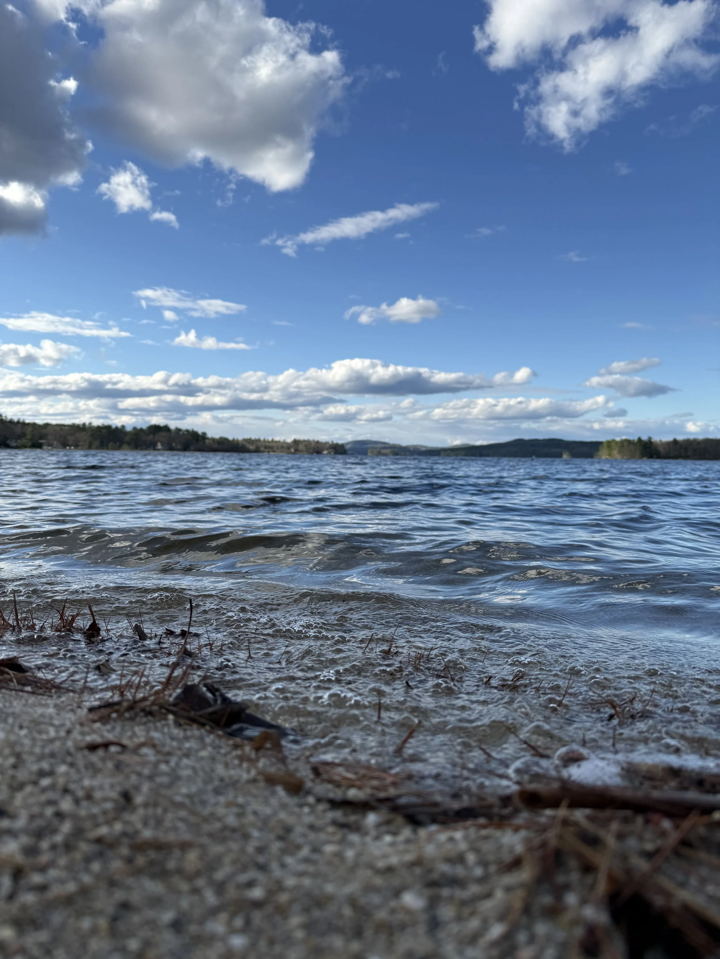 A view of a lake or river with a shoreline in the foreground and forested hills in the background, under a blue sky with scattered clouds.