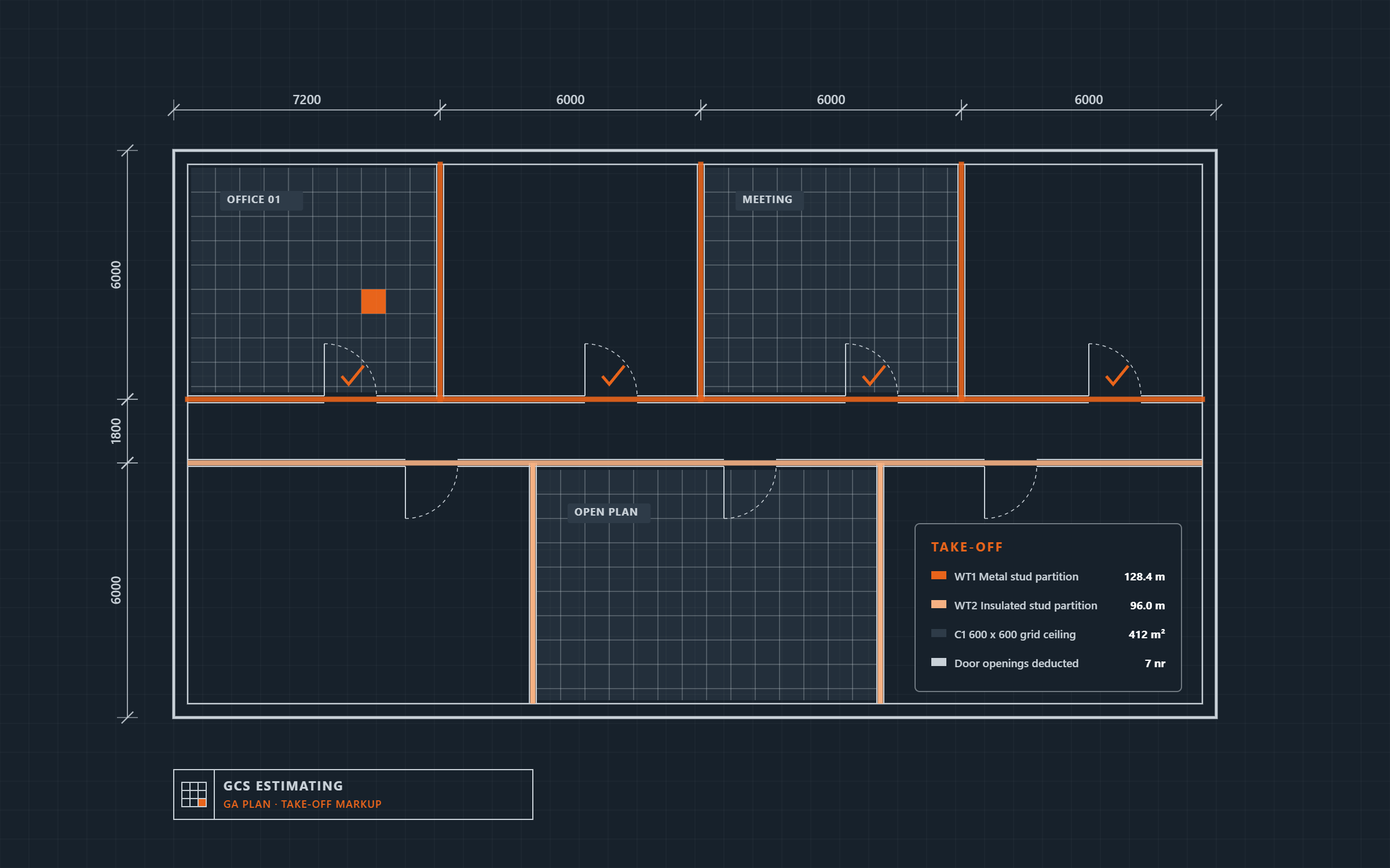 Architectural blueprint showing a floor plan with labels for rooms, partitions, ceiling grid, door openings, and measurements.