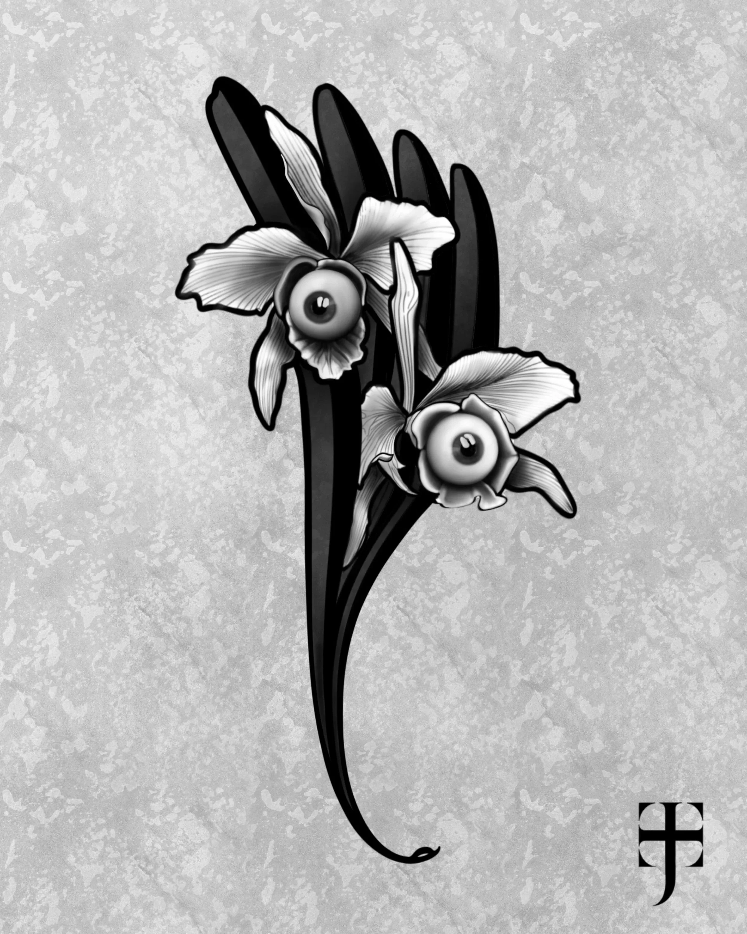 Black and white illustration of a lily flower with a round eye in the center, on a dark stem with multiple leaves, on a textured gray background. The bottom right corner features a stylized logo with the letters "FF."