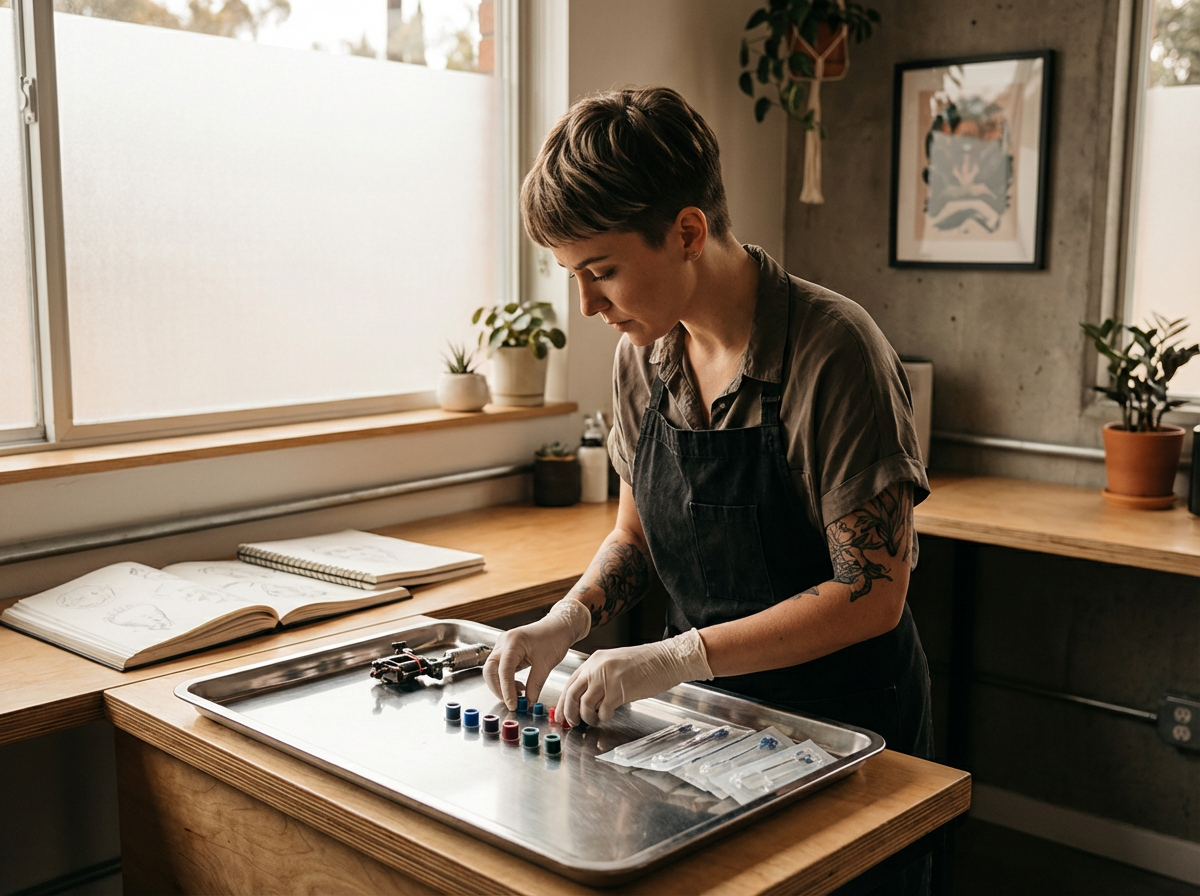 Person with short hair wearing a dark apron and gloves, working with small vials and test tubes on a metal tray in a bright room with wooden countertops, plants, and artwork.