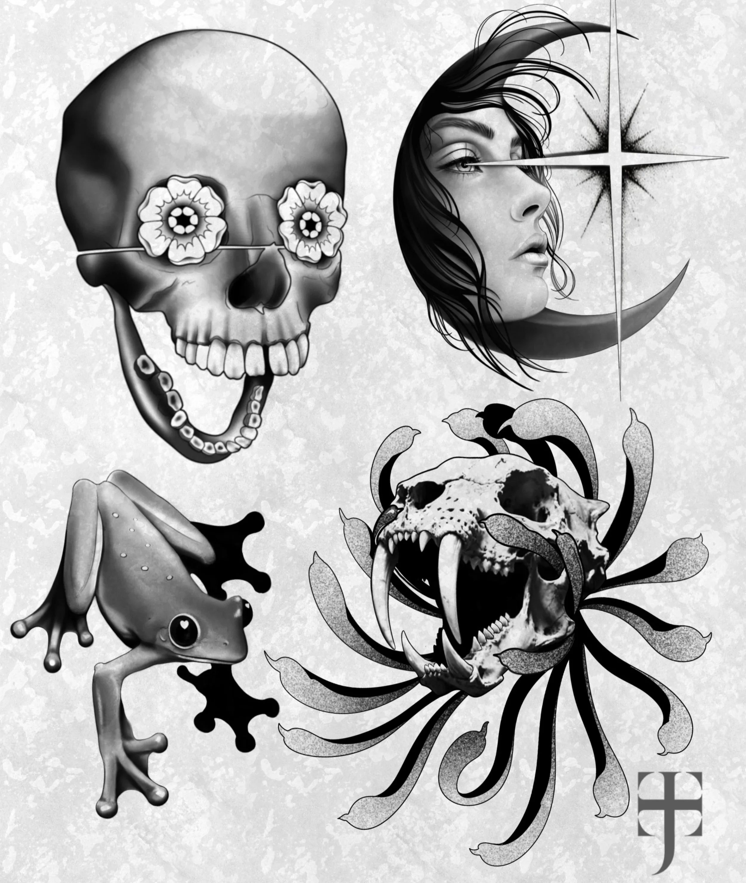 A black and gray tattoo-style artwork featuring a human skull with flowers and a snake emerging from its eye socket, alongside a woman’s face with dark hair, and a skull with exaggerated sharp teeth. The background has a textured, speckled gray appearance.